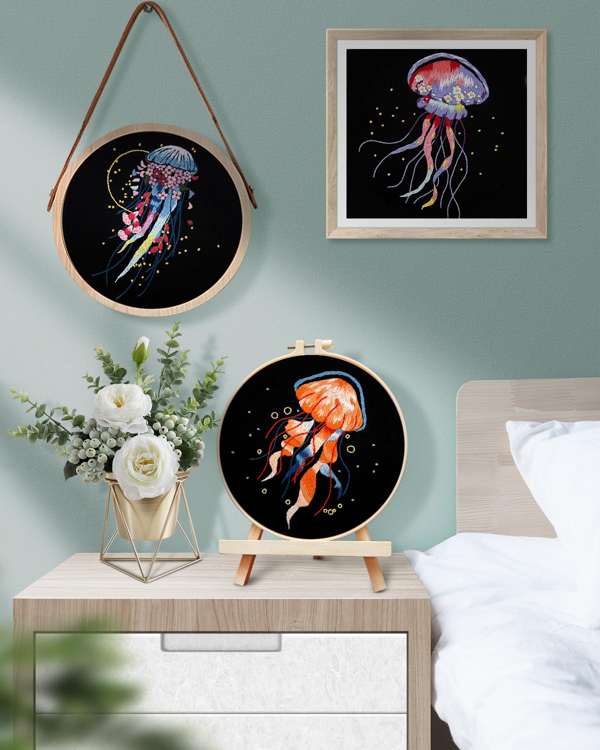 TINDTOP Embroidery Kit for Adults, 5 Sets Jellyfish Embroidery Kit for Beginners Include Embroidery Cloth Hoops Threads for Craft Lover Hand Stitch with Embroidery Skill Techniques