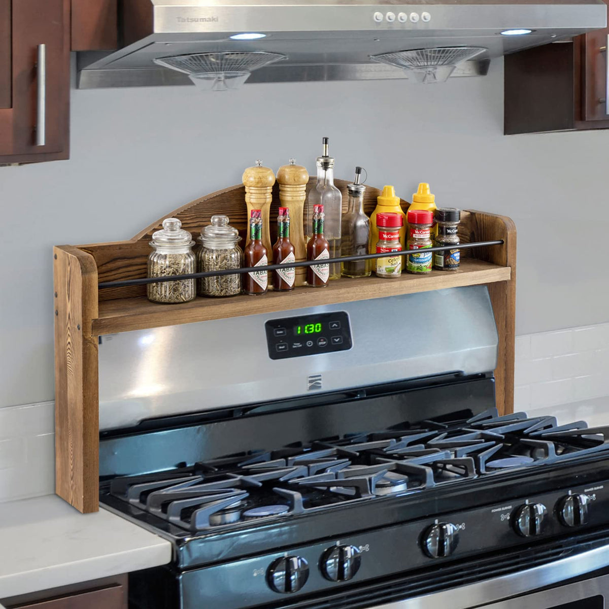 MyGift 33 Inch Deluxe Rustic Burnt Solid Wood and Black Metal Wire Bar Stove Top Spice Rack, Space Saving Over The Oven Range Stovetop Storage Display Shelf