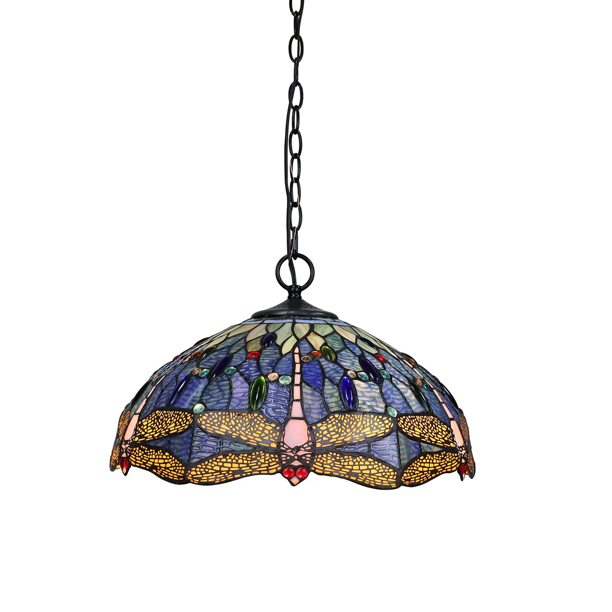 Chloe Lighting Dragonfly Tiffany-Style Ceiling Pendant, 2/3 Light, Dark Bronze, 18in Wide, Multicolor, Model CH3T524BD18-DP3