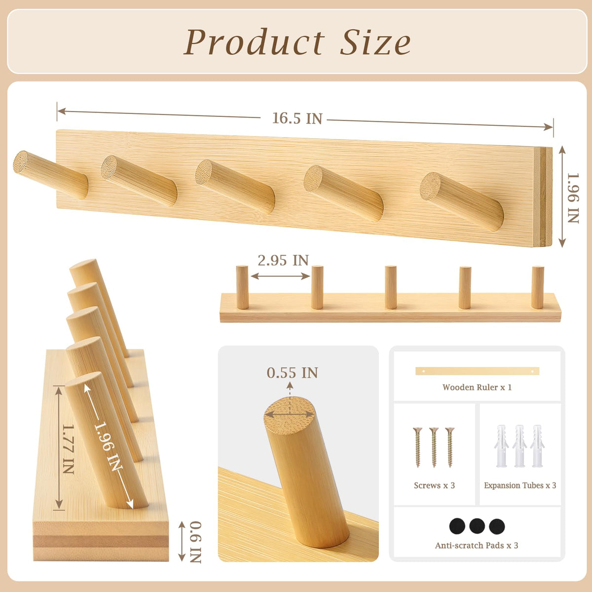HOMEBROS Coat Rack Wall Mount, Wooden Coat Hanger with 5 Hooks, Heavy Duty, Natural, 1 Pcs