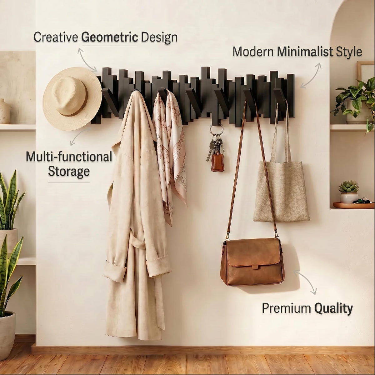 BWCXR Wall Mounted Wooden Coat Rack with Flip-Down Piano Key Hooks, Hardwood Heavy Duty Wall Hook Rack with Hidden Mount for Entryway, Coats, Bags & Hats, Black 4 Hooks