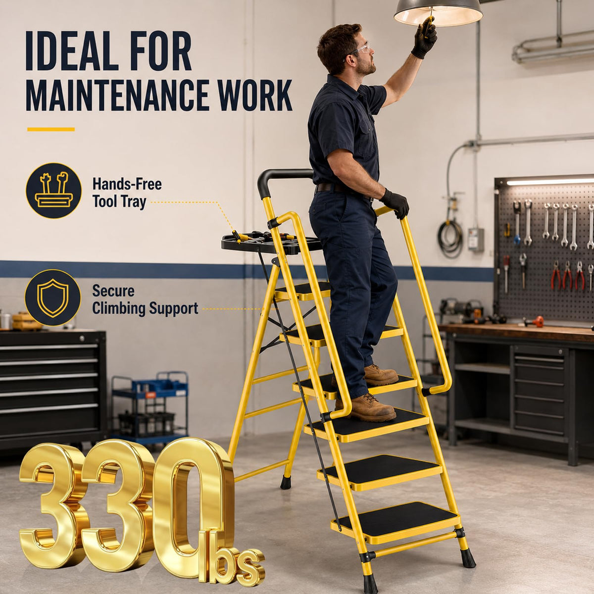 6 Step Ladder with Platform, 330 Lbs Load Heavy Steel Duty Step Ladders, Portable Safety Step Stool with Pedals, Handrail, for Multi-Purpose, Home, Kitchen