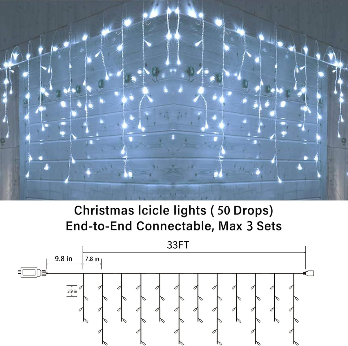 Joomer Christmas Icicle Lights - 33FT Plug in String Lights Waterproof, 8 Modes Timer Connectable Outdoor String Light for Christmas Party, Eaves, Roofs, Xmas Decorations (White)