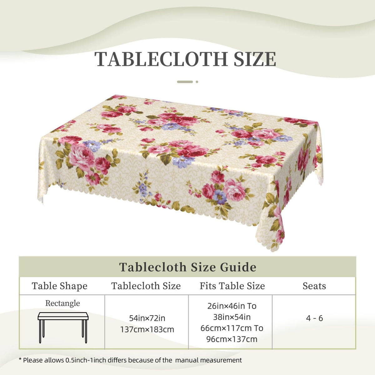 XUNNEECY Rose Pattern Tablecloth 54x72 Inches, Pink Floral Rectangular Polyester Table Cover with Wave Lace, Washable Dining Table Cloth for Kitchen, Party, Outdoor