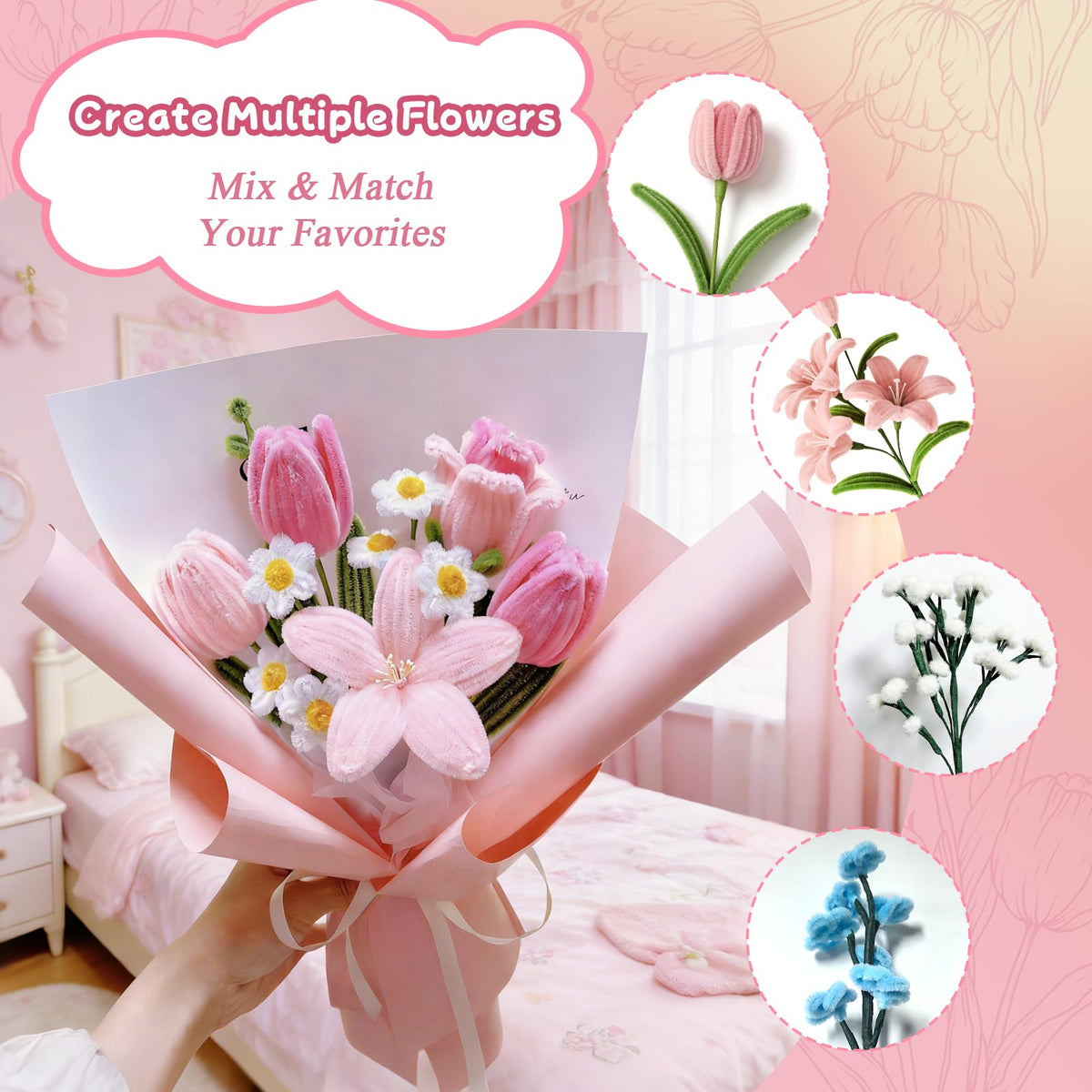 Qiorgar 680 PCS Pipe Cleaner Flower Crafts Kit – 5 Colors Bulk Pipe Cleaners for DIY Pink Flowers, All in One Chenille Stems Art and Craft Supplies for Gift