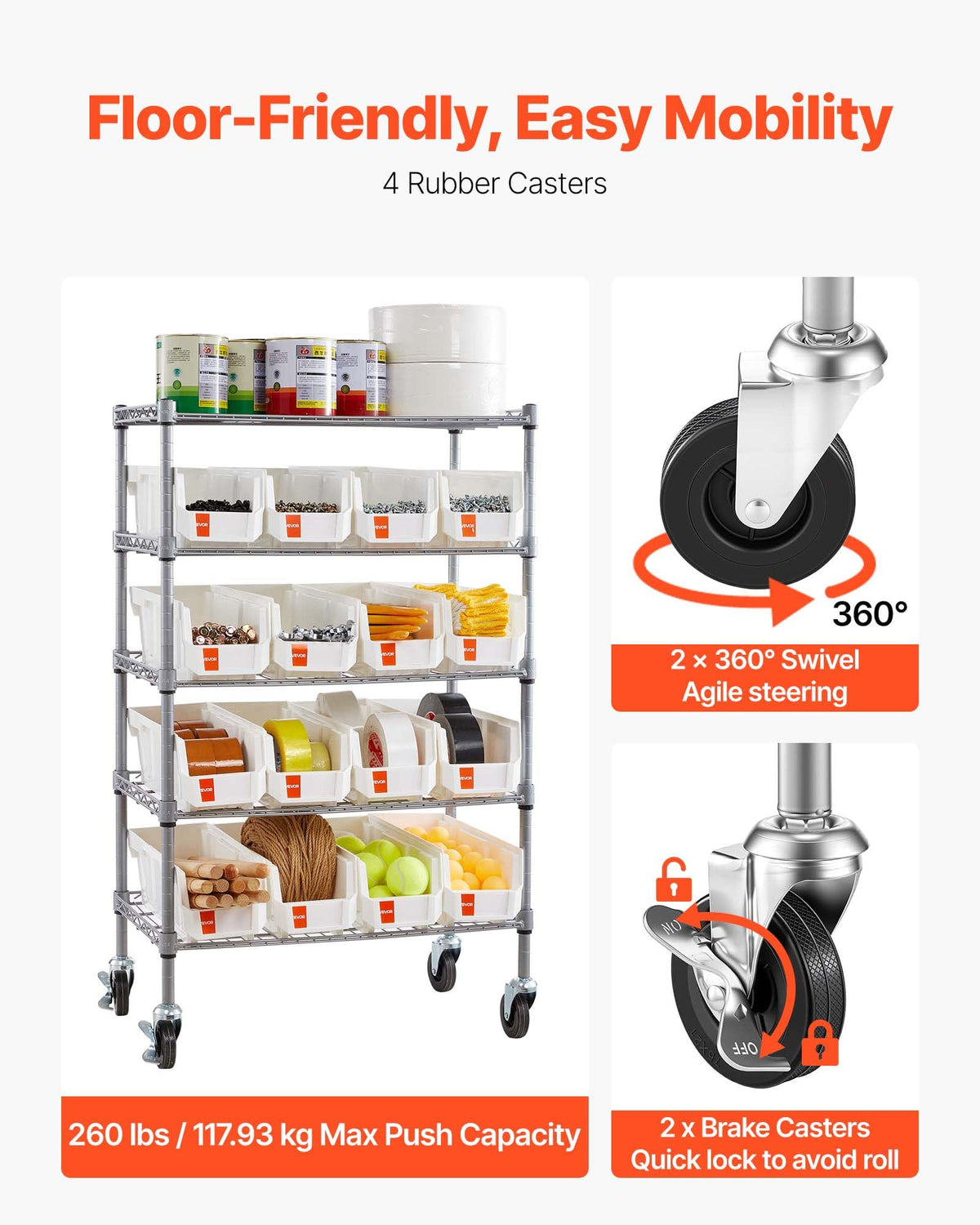 VEVOR 5-Tier Rolling Bin Storage Rack, 16 Organizer Bins, Bin Rack Storage Steel Wire Shelving System with Wheels, Mobile Tool Organizer for Garage, Warehouse, Office, Restaurant, Classroom, Kitchen