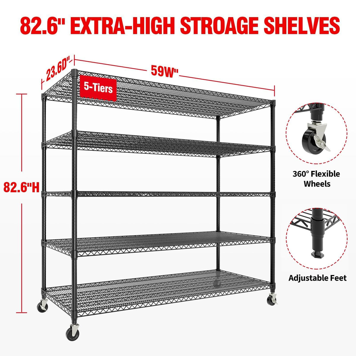 GarveeTech 5-Tier Wire Storage Shelves with Wheels, 3300LBS Heavy Duty Metal Shelving Unit with Adjustable Storage Shelves for Home, Pantry & Warehouse, Easy Assembly, 82.6" H x 59W x 23.6" D