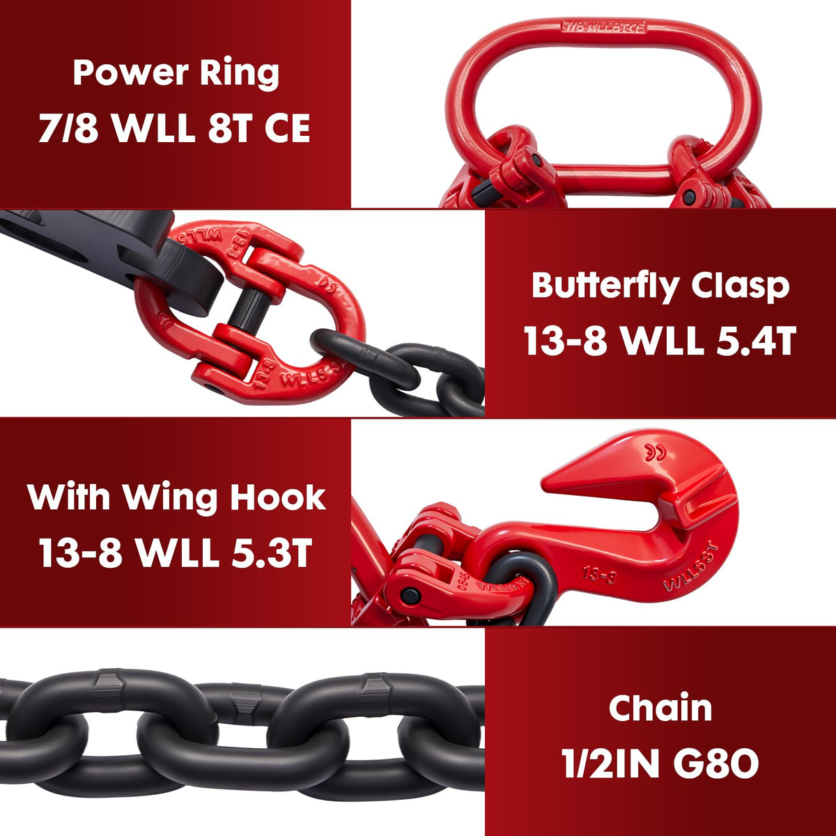 G80 Shipping Container Loading Chain (1/2" x 5'), Container Hooks with Hot Dip Galvanized V-Chain, Suitable for Cargo, Safety Locking Hooks for 20ft/ 40ft Shipping Containers, Trailers, Heavy Cargo