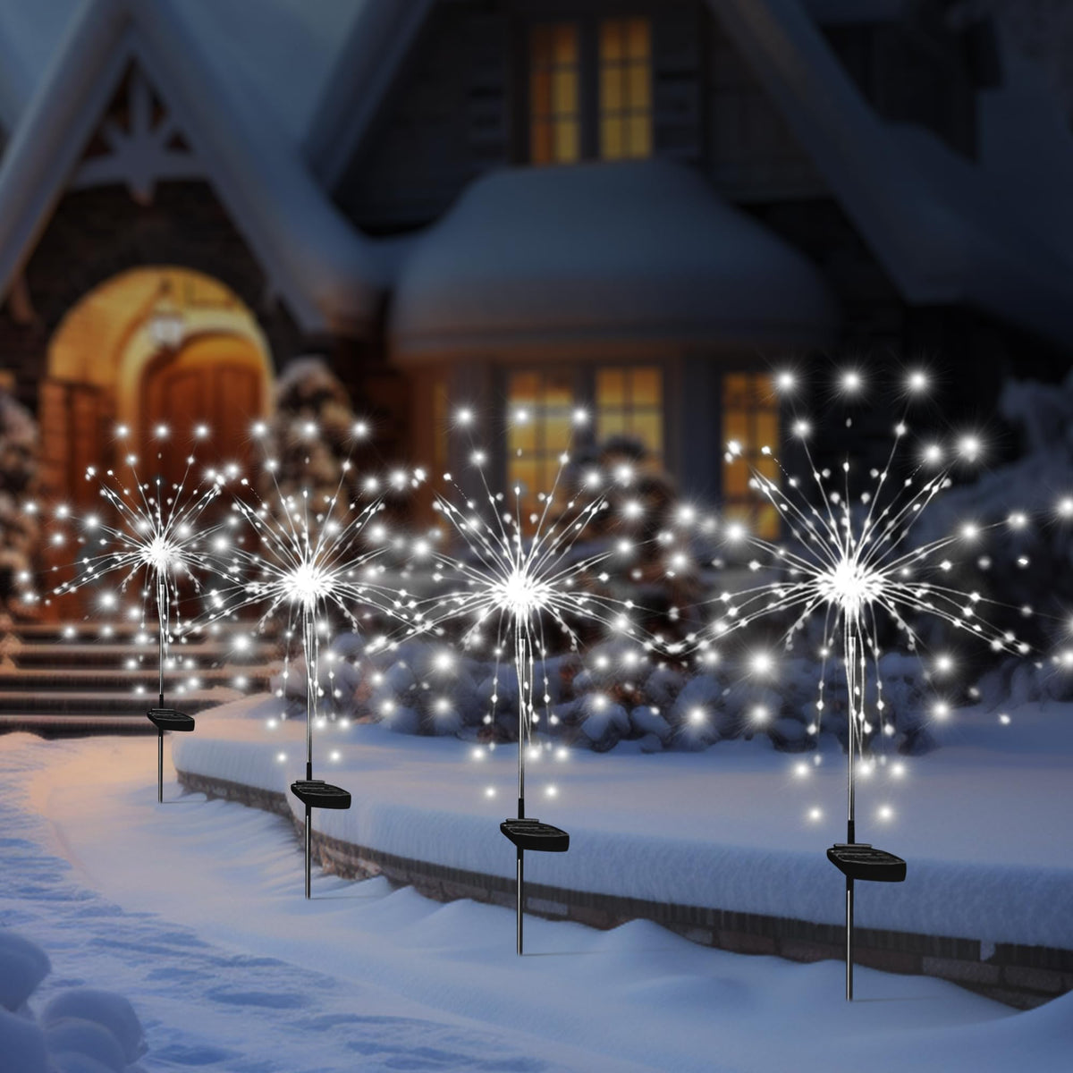 Solar Garden Firework Lights Outdoor Waterproof, 2 Pack Solar Powered Art Stake Twinkle Lighting for Outside Decor, 120 LED Sparklers String Lights for Yard Pathway Decorations(White)