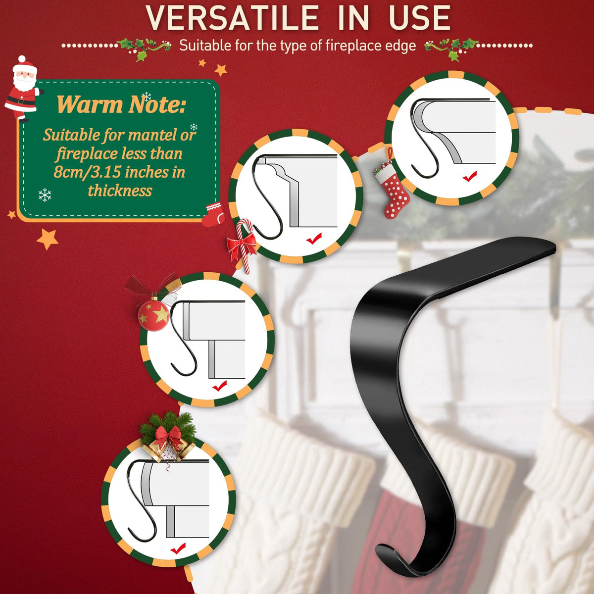 Edoneery Christmas Stocking Holders for Mantle with Silicone Anti-Slip Strips, Fireplace Stocking Hangers for Shelf, Garland Grips Hooks for Xmas & Family Party Decoration (Black 6 Pack, 6)
