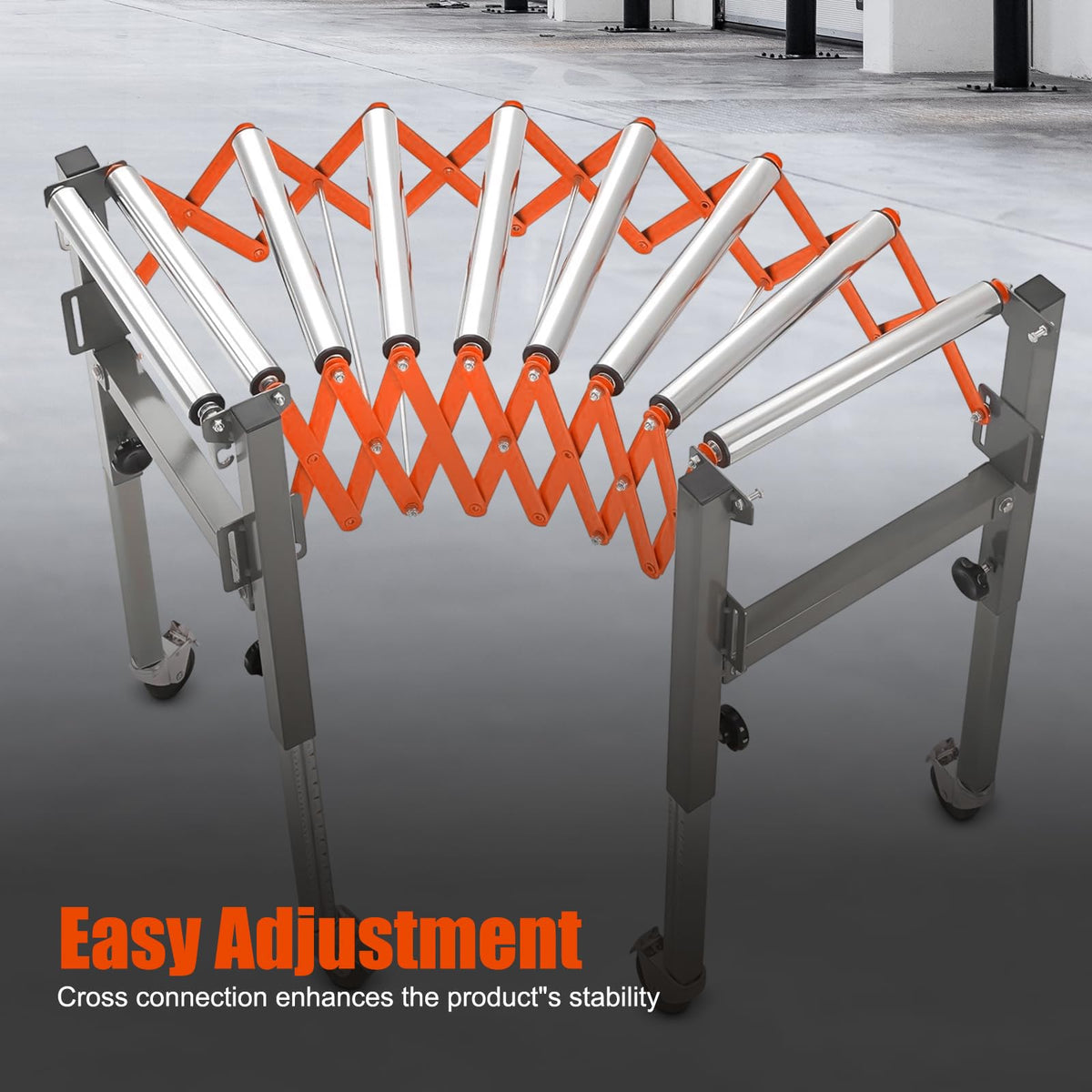Conveyor Roller Table Adjustable Conveyor Roller Stands with Universal Wheels for Transporting Construction Materials Wood Goods, 110lbs Loading, Adjustable Length and Height