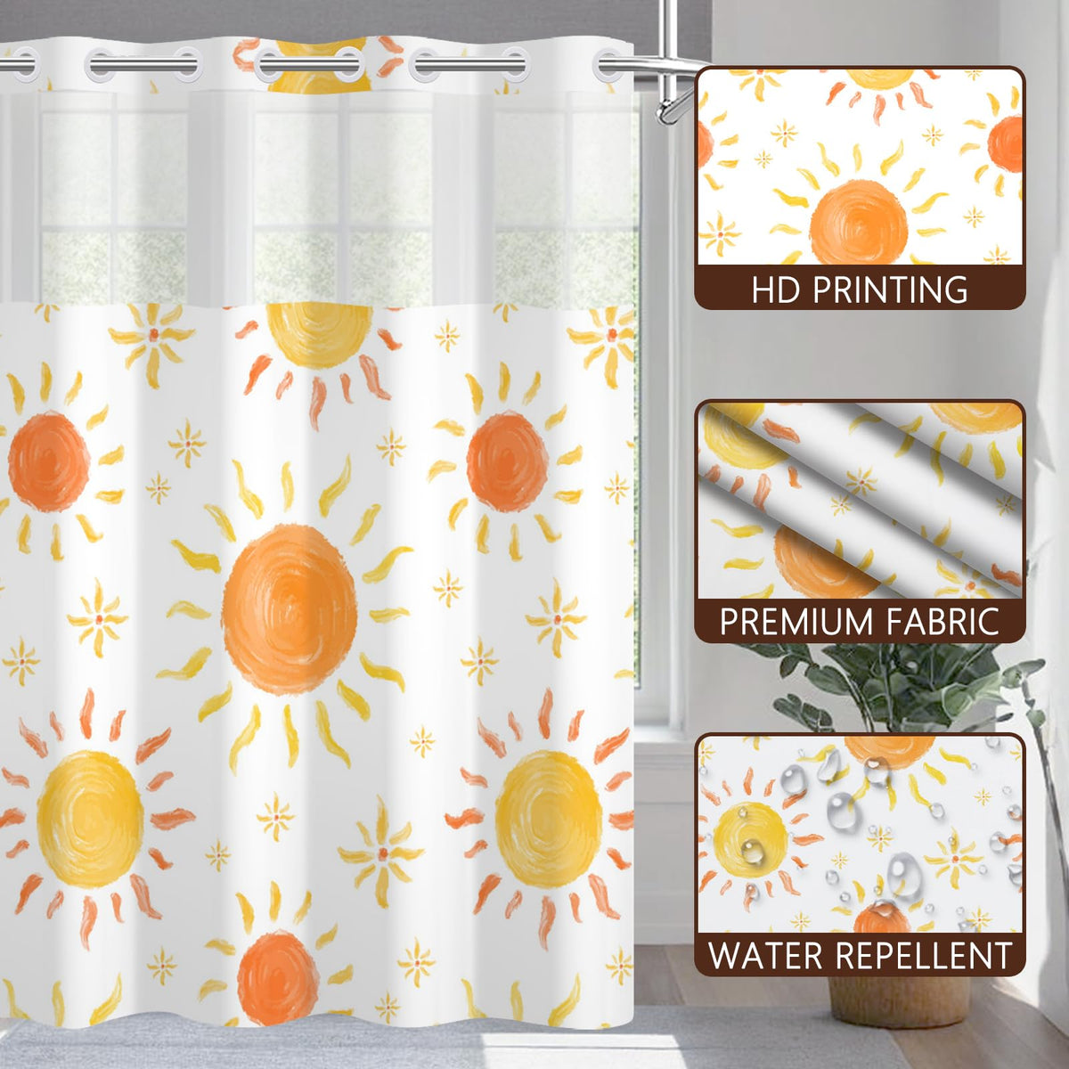 NAEMBCU No Hook Shower Curtain for Kids with Snap-in Liner 71x74 Inch