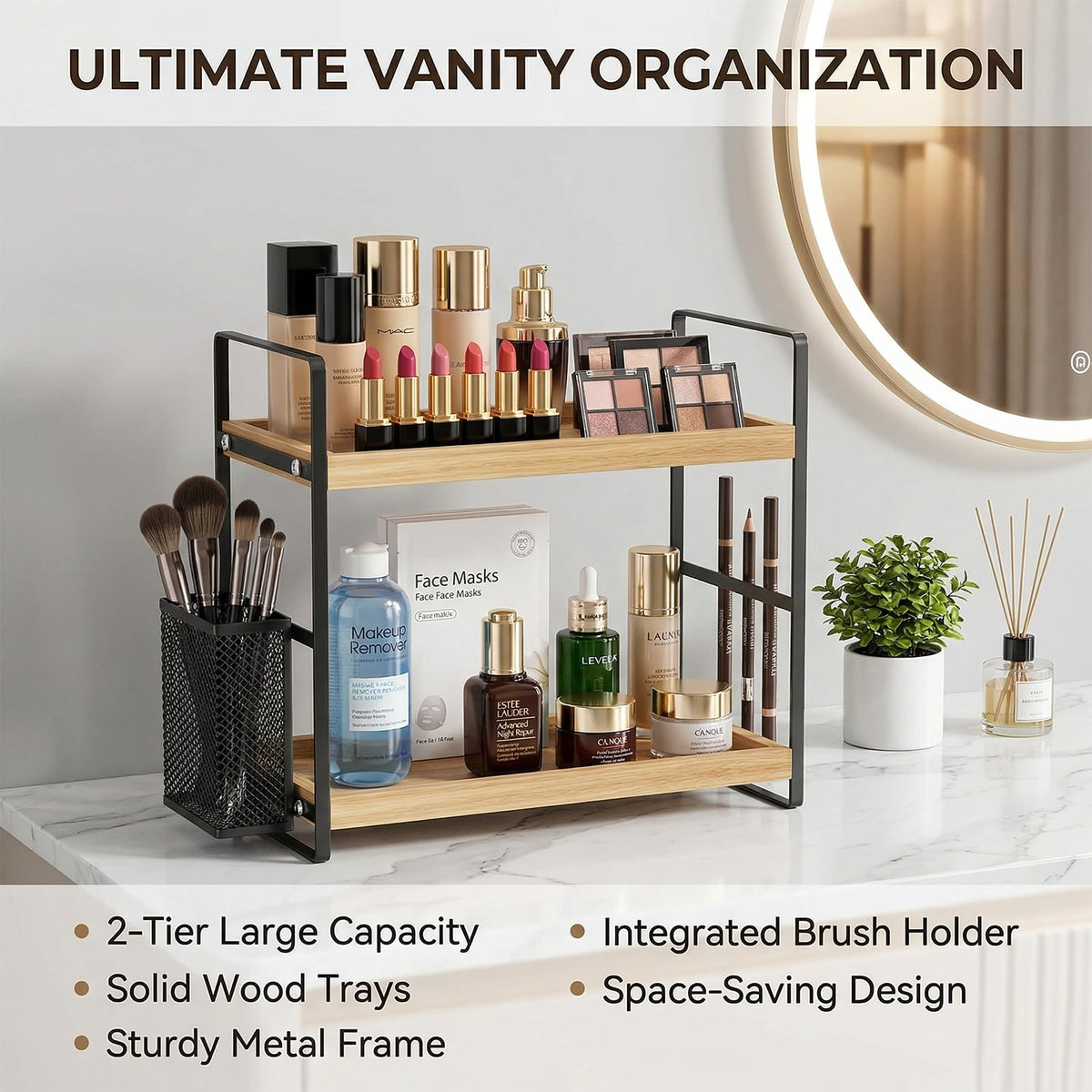 LEMIKKLE 2-Tier Wood Bathroom Counter Organizer with Basket,Waterproof Vanity Perfume Skincare Storage for Bathroom, Kitchen, Dresser