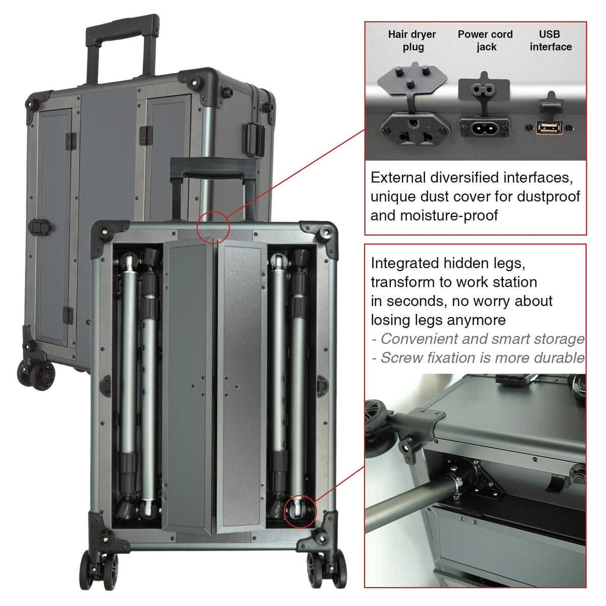RUKEJUNE Rolling Makeup Train Case with Mirror and Lights Cosmetic Travel Box Mobile Barber Stations with Bluetooth, Speaker, Wheels, Stands