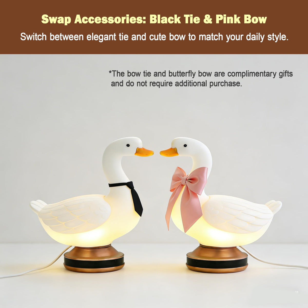 Eastyle Goose Night Light with Bow and Tie Accessories, Decorative Goose Shaped Table Lamp, Warm White USB Plug-in Goose Lamp, Cute Goose Nightlight, Resin Desk Light for Bedroom Shelf Decor Gift