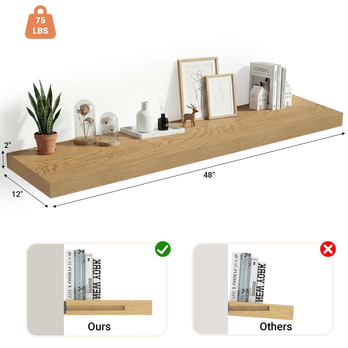 Heimlove 12 Inch Deep Floating Shelves, 48 x 12 inches Long Wall Shelf, Large Display Shelf & Storage Shelf, Rustic Wood Wall Shelves for Fireplace Mantel, Set of 1(Oak)