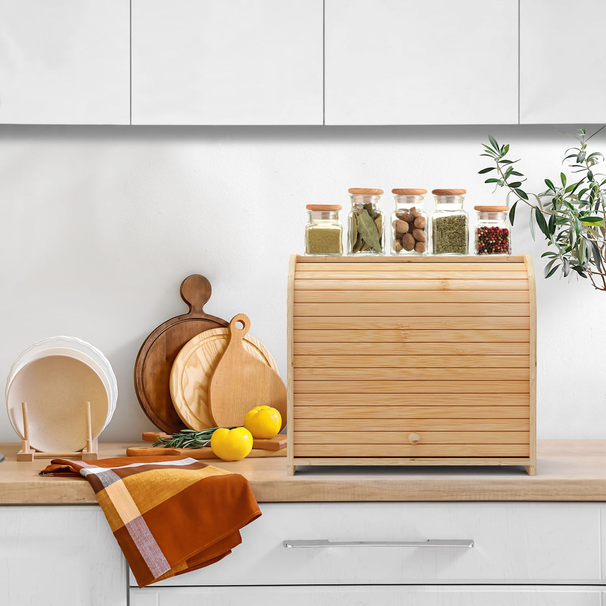 FoverOne Bamboo Bread Box for Kitchen Countertop, Roll-top Breadbox Breads Storage Boxe with Adjustable Middle Shelf
