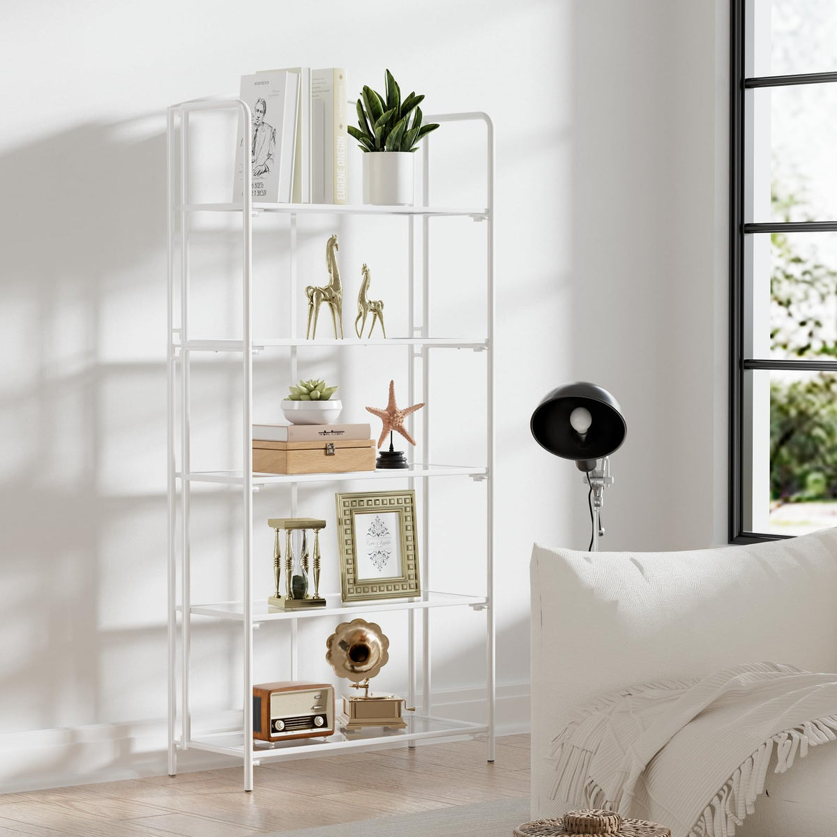 Crofy 5-Tier Wider Foldable Bookshelf, White Frame & Transparent Shelves