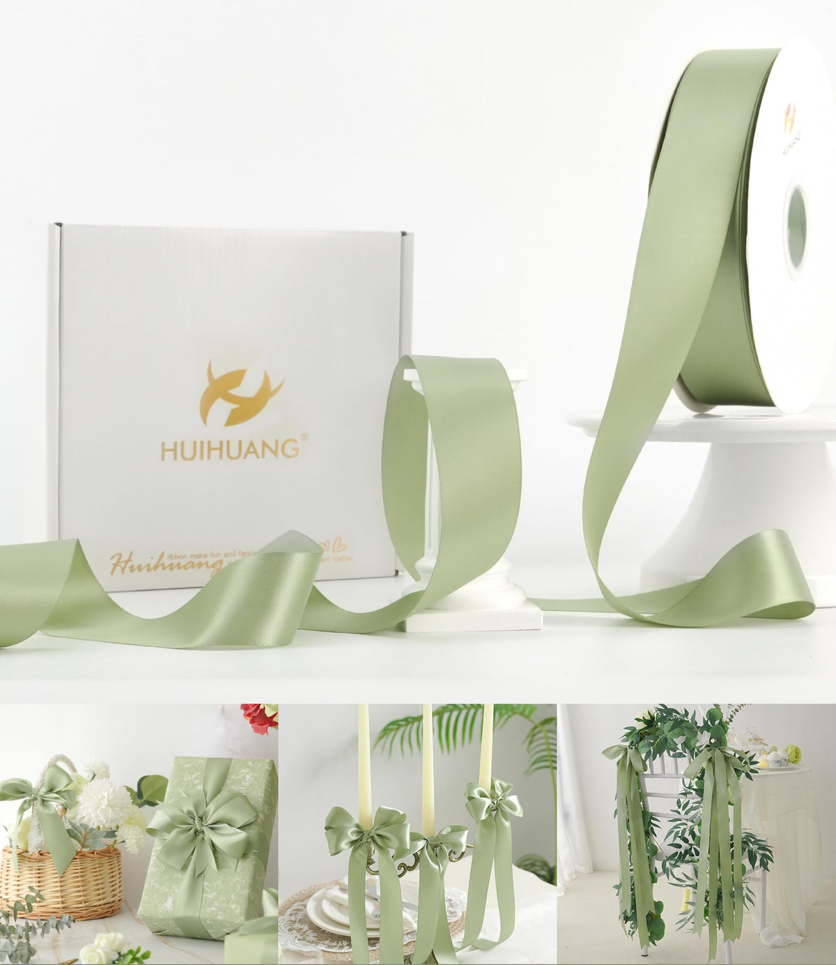 HUIHUANG Sage Green Satin Ribbon 1-1/2 inch x 100 Yards Green Double-Faced Satin Ribbon for Flower Bouquet, Gift Wrapping, Eternal Roses, DIY Crafts, Bridal Shower Wedding Decor