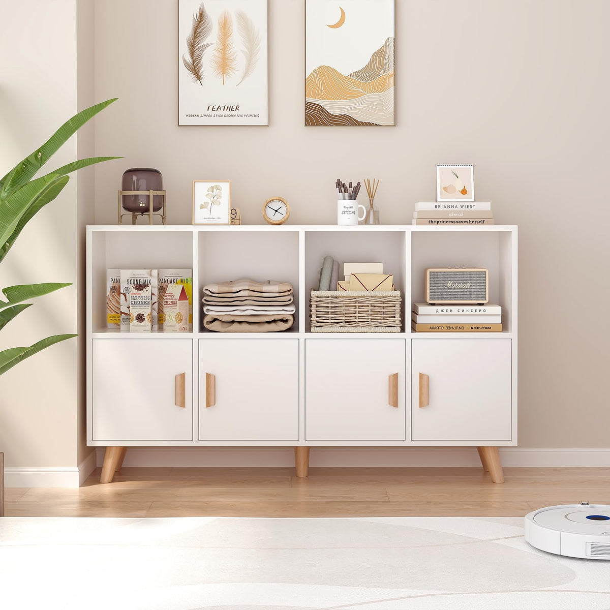 OSCHF Cubby Shelf Bookcase with Doors - Wooden 8 Cube Floor Standing Open Bookshelf with Solid Wood Legs, 2-Tier Low Storage Cabinet, Warm White
