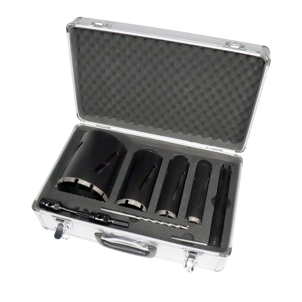 Steel Dragon Tools 4-Piece Dry Diamond Core Drill Bit Kit with Case – 1.5", 2", 3", 5" Bits 6" Depth Laser-Welded Segments Includes SDS & Hex Adapters Pilot Bit Drift Key Aluminum Storage Case