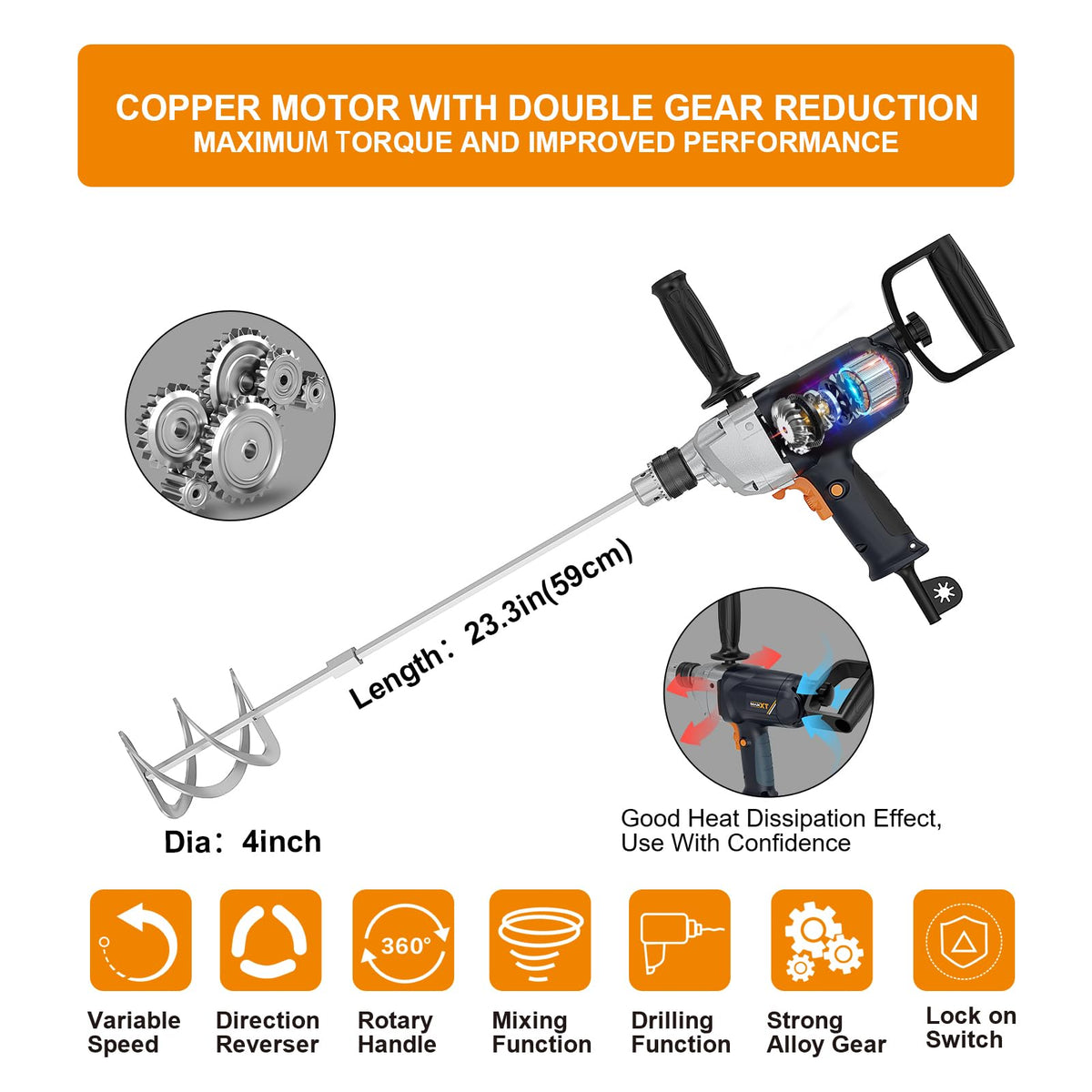 MAXXT Drill Mixer Set with Spade Handle 1/2 inch Electric Corded Mixing Drill Machine 9A Motor Concrete Mud Mixer