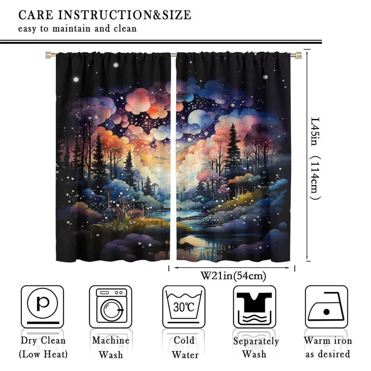 Fantasy Forest Curtains, Colorful Dreamy Mystic Fairy Tale Magic Jungle Under Starry Sky, Thermal Insulation Blackout Rod Pocket Window Treatments for Living Room Bedroom Bathroom (21x45in) x2 Panels