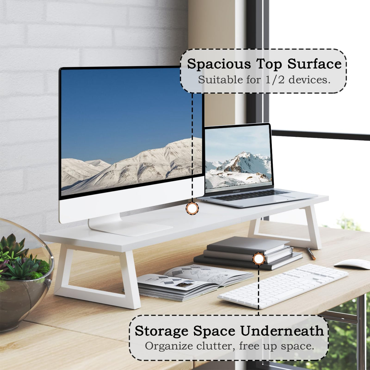 TEAMIX White Dual Monitor Riser - 31.5 inch Wide TV Stand for 2 Monitors - Wood & Steel Desktop Riser for Dual Screen Office Desk Organization