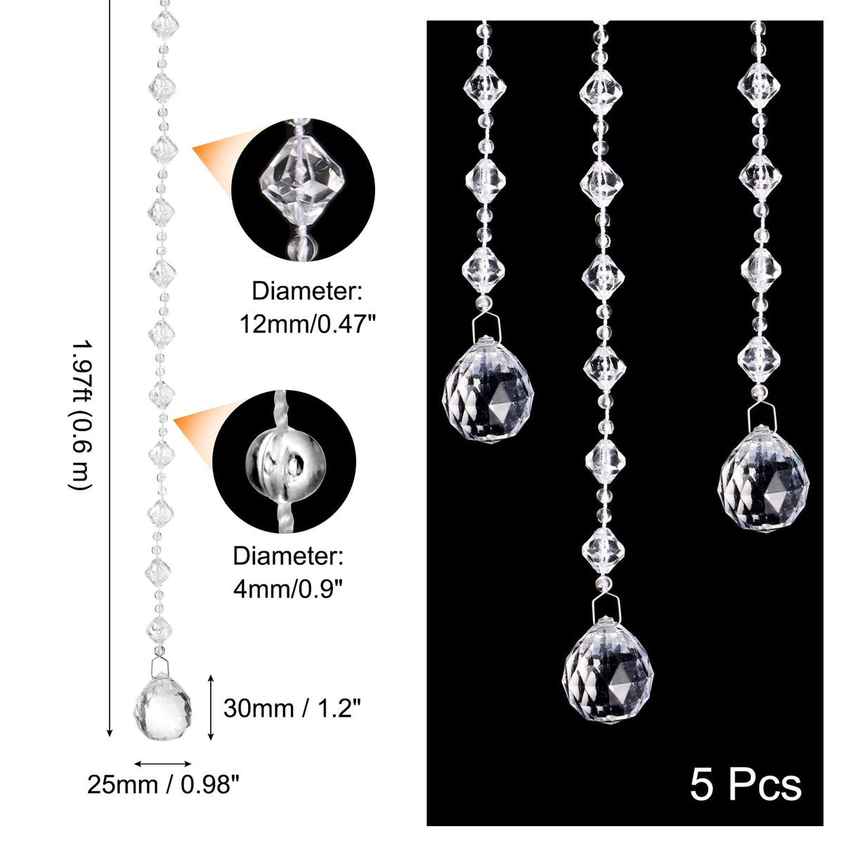 uxcell 5 Pcs Acrylic Crystal Garland Strands, Clear Crystal Beads Strands Chandelier Crystals Replacement Bead String Hanging for Wedding Decor, DIY Craft Jewelry (0.6m/1.97ft)