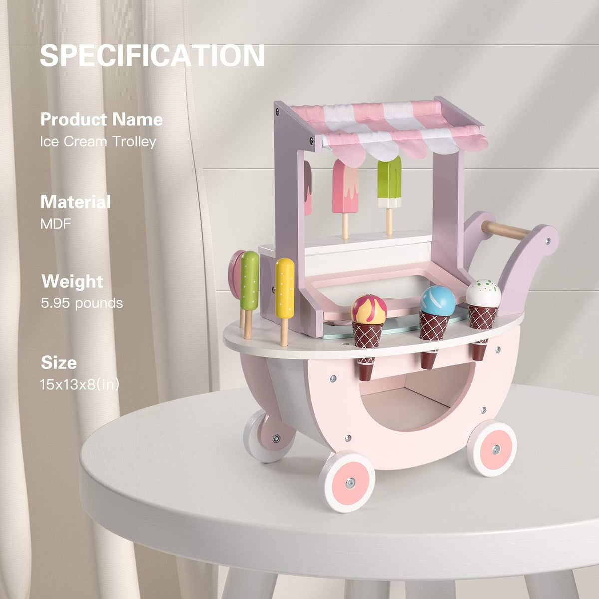 ROBUD Wooden Ice Cream Cart Toys for Kids, Toddlers Pretend Play Food Truck, Gift for Girls and Boys 3 Years & Up, Pink
