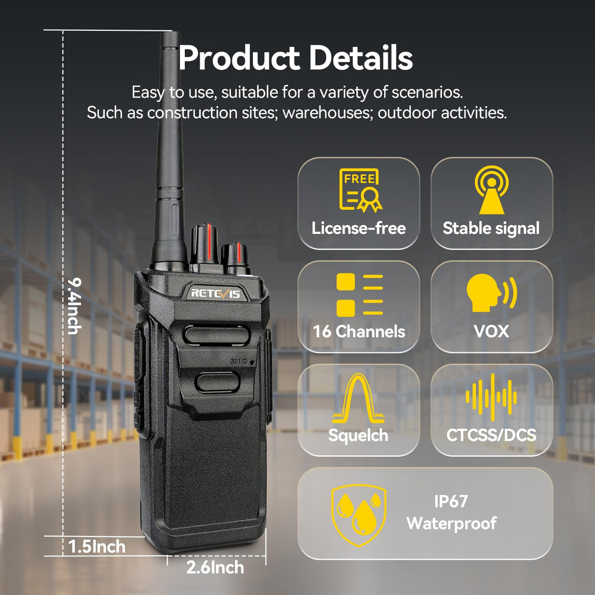 Retevis RT48 IP67 Waterproof Walkie Talkies for Adults,Heavy Duty,Professional Two Way Radio Rechargeable,1200mAh,VOX,Emergency Alarm,Rugged 2 Way Radios for Work Construction Jobsite School(10 Pack)