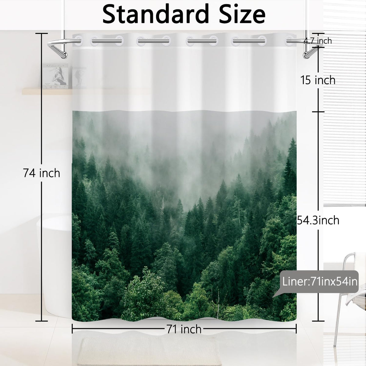 NAEMBCU Mistry Forest Shower Curtain with Snap in Fabric Liner 71x74 Inch