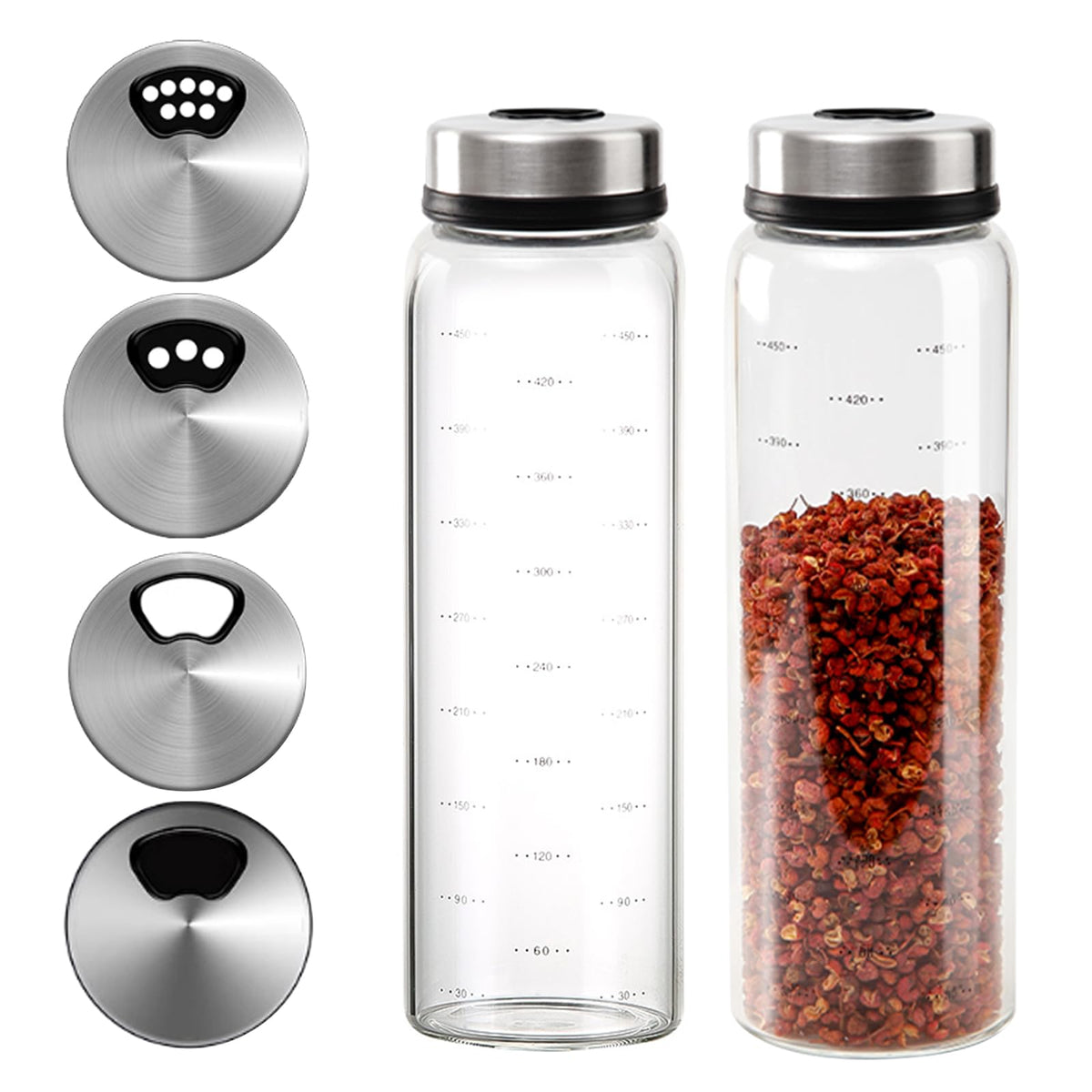 2-Piece 4-Neck Glass Seasoning Shakers - Moisture Resistant (500ml/17oz)