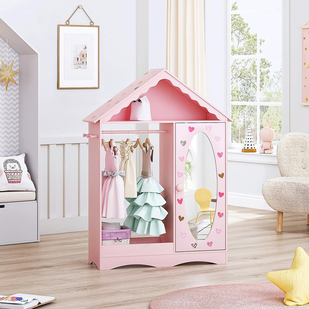 UTEX Kids Dress Up Storage with Mirror, Kids Wardrobe Closet, Dress Up Armoire for Little Girls, Open Hanging Costume Organizer with Storage Cabinet for Kids Room, Playroom