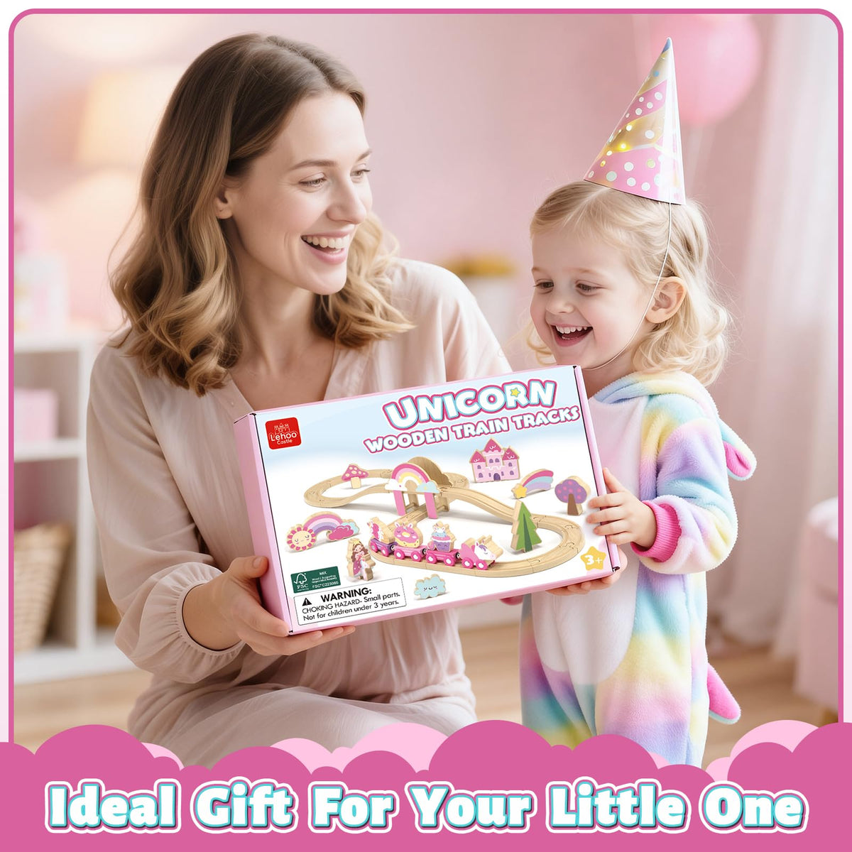 Lehoo Castle Wooden Train Set - Unicorn Train Set for Toddlers 2-4, Wooden Train Track Toddler Girl Toys, Pink Train Fantasy Toys for 3 4 5 6 7 Year Old Girl