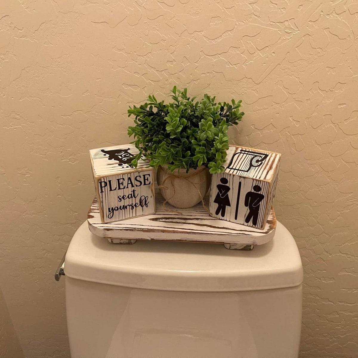 Liswit Farmhouse Funny Bathroom Decor Signs, 3 Wooden Blocks with Plant & Tray, Rustic Decoration for Bathroom Countertop