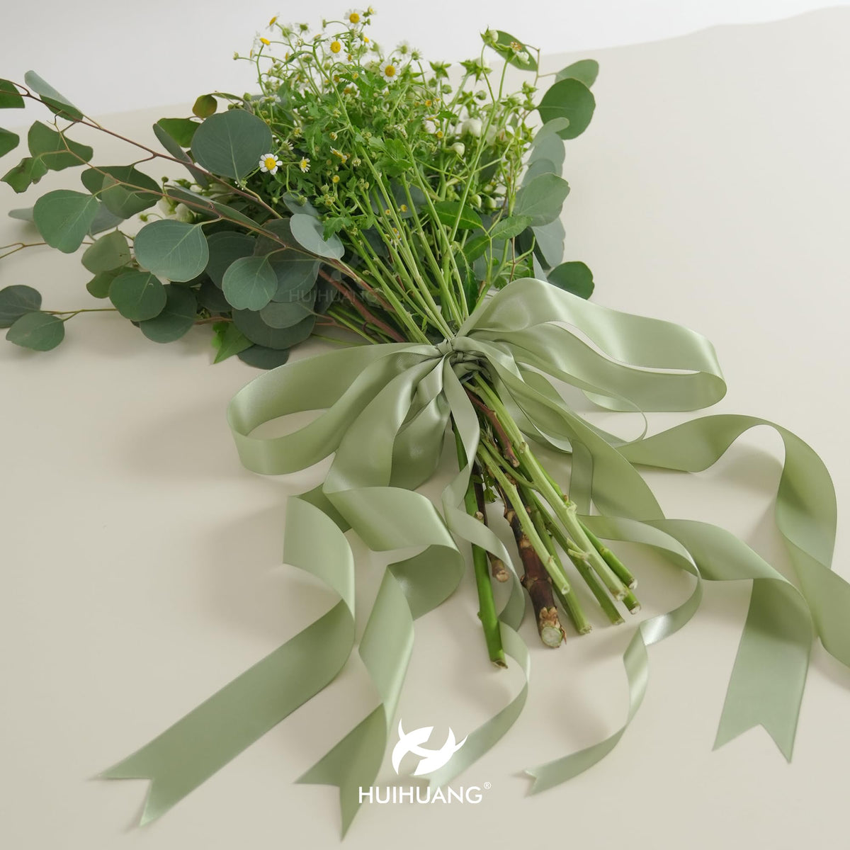 HUIHUANG Sage Green Satin Ribbon 1-1/2 inch x 100 Yards Green Double-Faced Satin Ribbon for Flower Bouquet, Gift Wrapping, Eternal Roses, DIY Crafts, Bridal Shower Wedding Decor