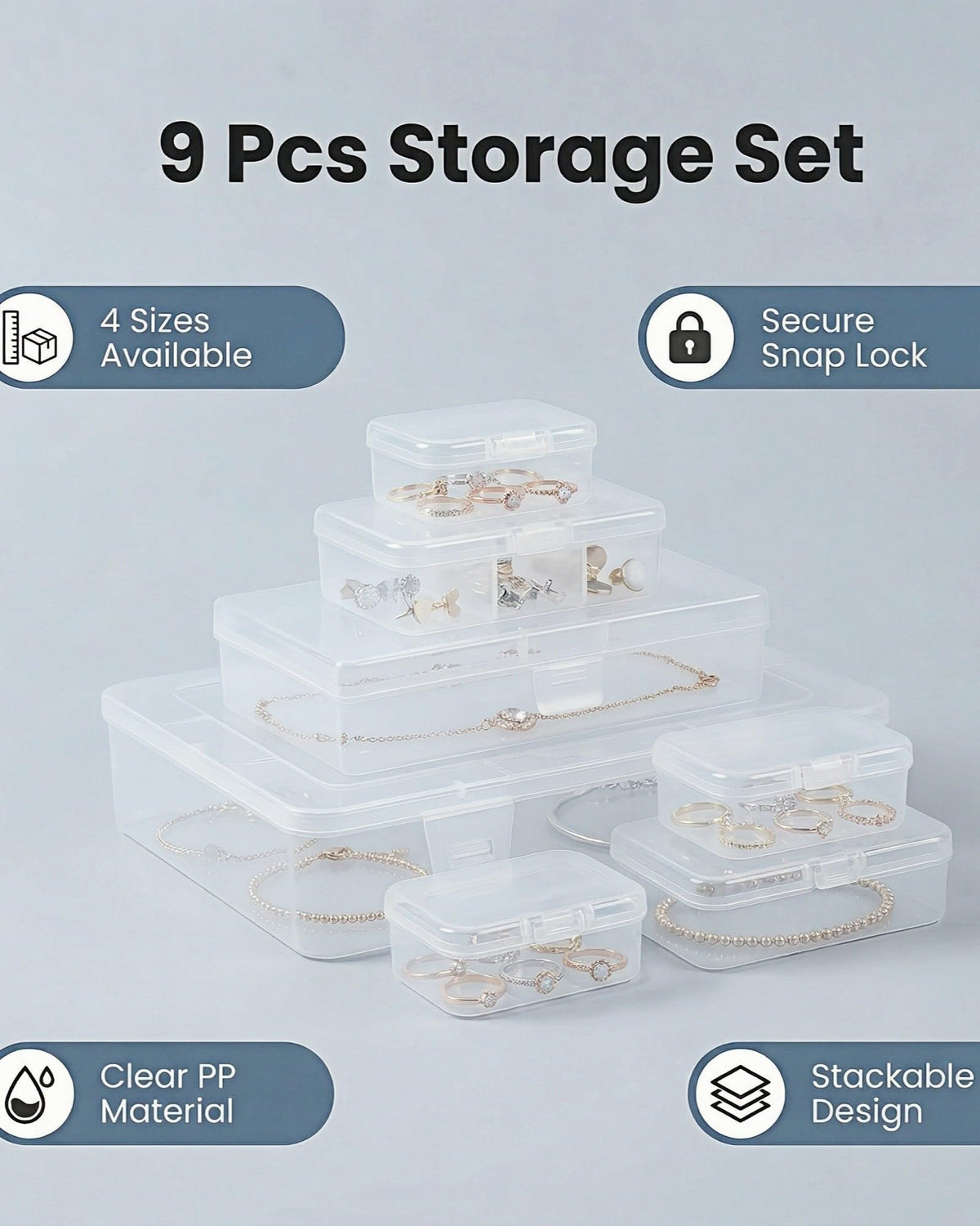 CHSZCHOMER 9 Pack Clear Plastic Storage Boxes with Snap-Lock Lids, Assorted Sizes Mini Organizer Containers with Bonus Marking Labels for DIY Crafts, Beads,Charms,Stickers, SMT Components,Hardware