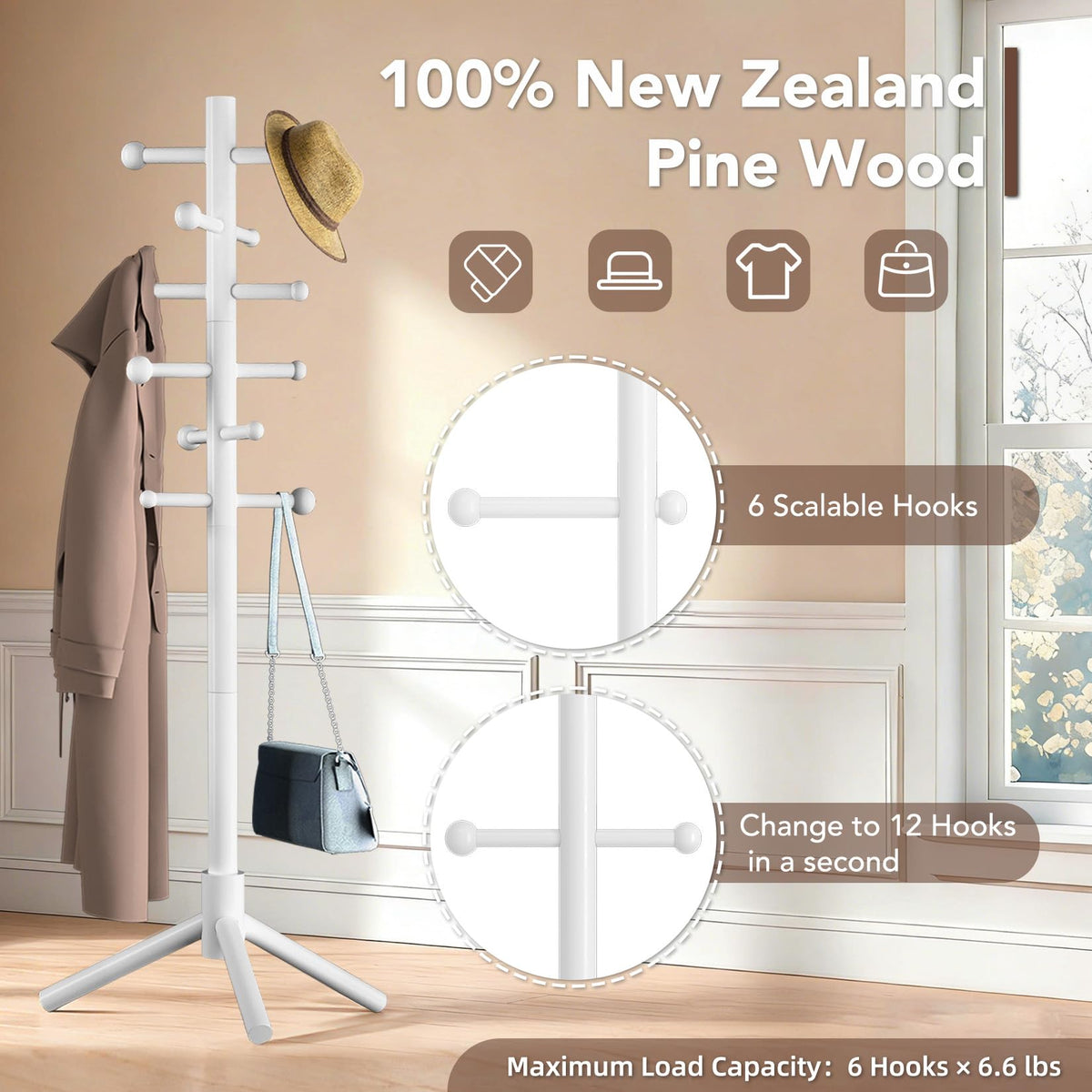ACIPENSER Wooden Coat Rack Freestanding with 12 Hooks 3 Adjustable Heights，Standing Coat Rack Tree for Hat and Coat Rack for Small Spaces Entryway,Office,Bedroom,White