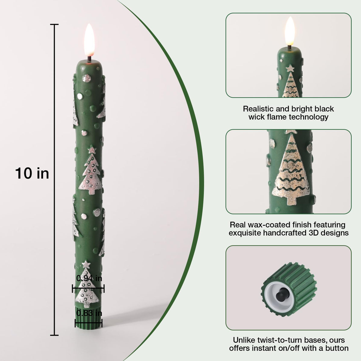 Eywamage Green Christmas Tree Flameless Taper Candles with Remote, Flickering LED Wax Candlesticks Set of 4