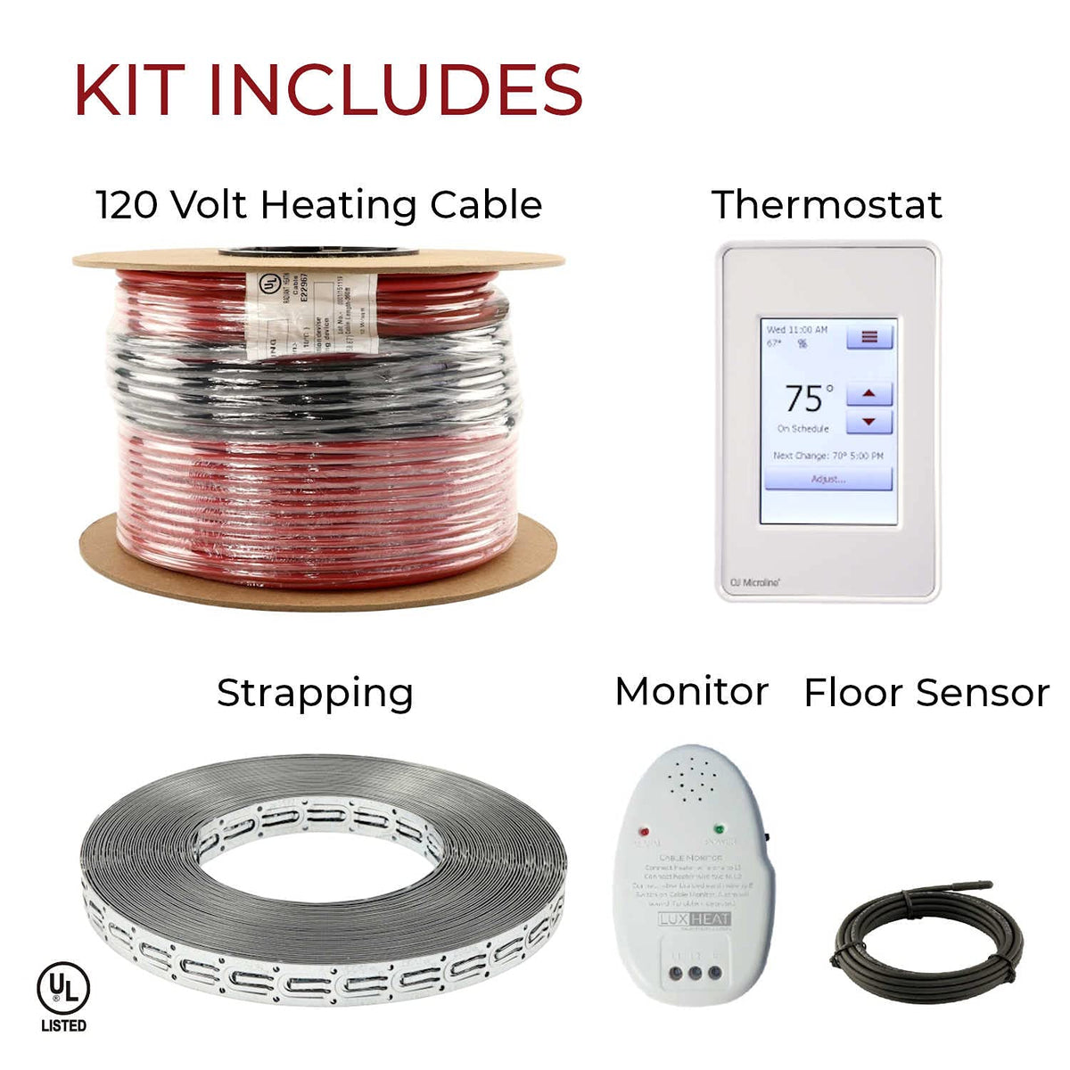 LuxHeat 30sqft Floor Heating Cable Kit - 120v Heated Floor Kit for Tile - Heated Flooring System Includes UDG4 Programmable Thermostat w/GFCI, Electric Heating Cable, Strapping, Sensor & Alarm