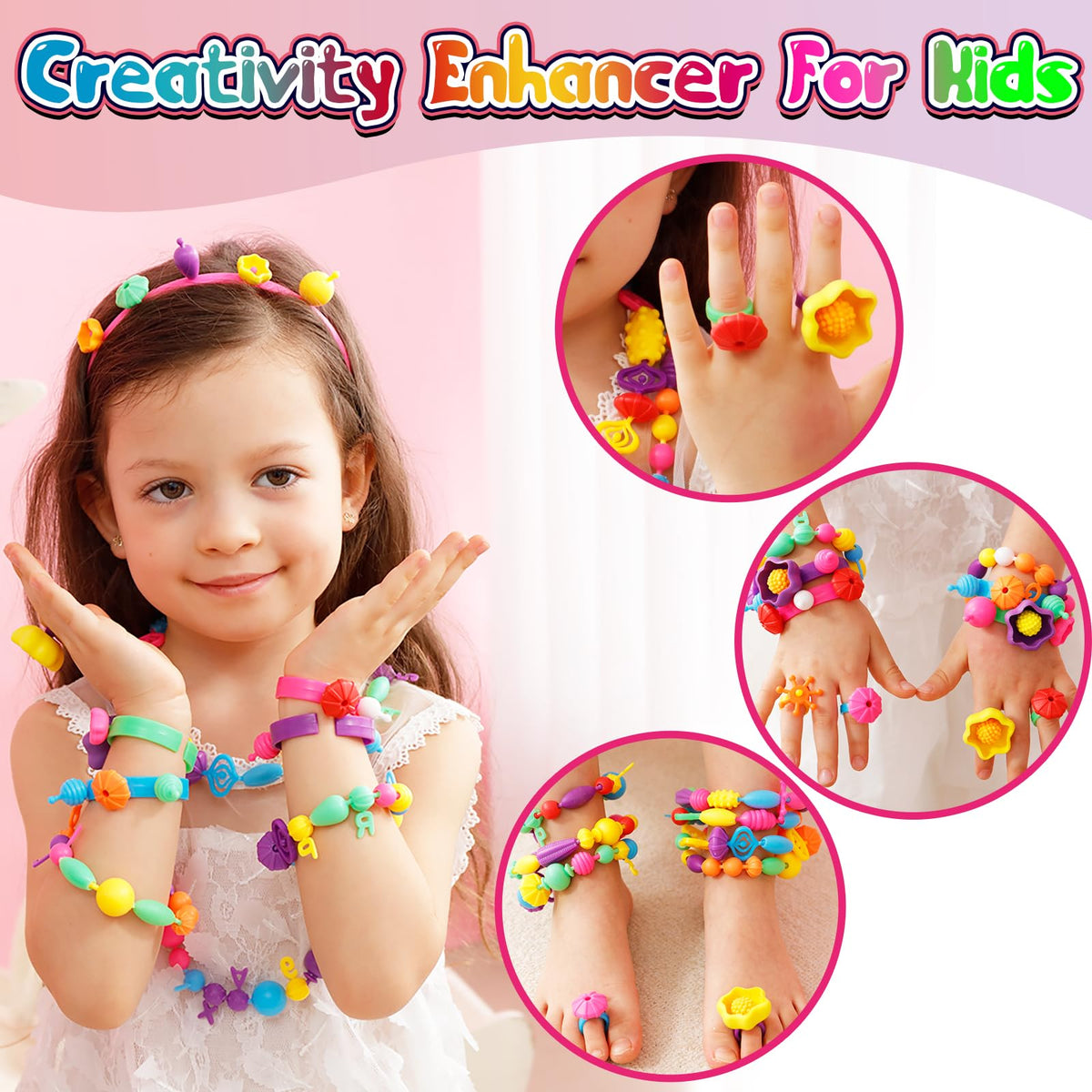 FUNZBO 520+ Snap Pop Beads - Jewelry Making Beads Charms Style Craft Kit, Arts and Crafts for Kids Ages 4-8, Toys for 3 4 5 6 7 Years Old Girls Birthday Gifts Ideas, Bracelet Necklace Ring for Girls