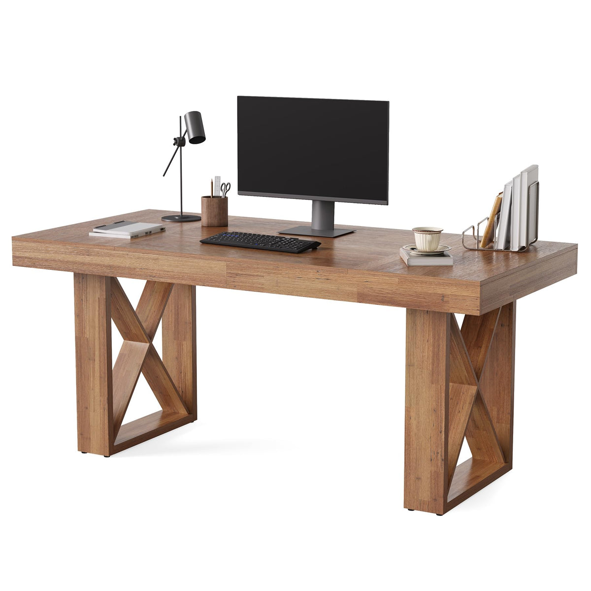 LITTLE TREE 63-Inch Computer Desk, Simple Thick Appearance, Study Gaming Writing Workstation Executive Office Desk for Home, Study Room, Office, Rustic Brown