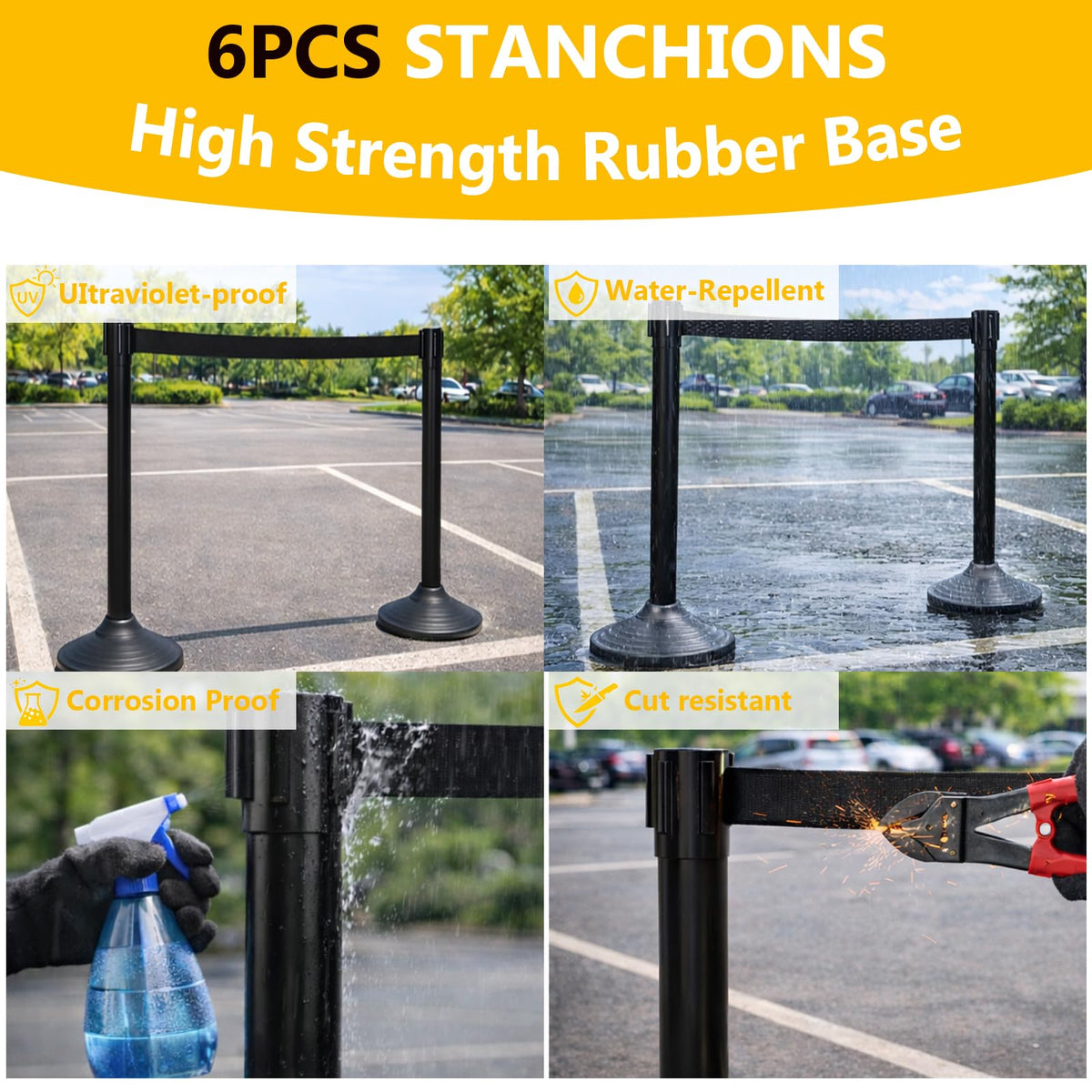 6PACK BESEA Crowd Control Stanchions Set Heavy Duty Crowd Control Barriers with 10' FEET Black Retractable Belt, Rubber Base(6PACK)