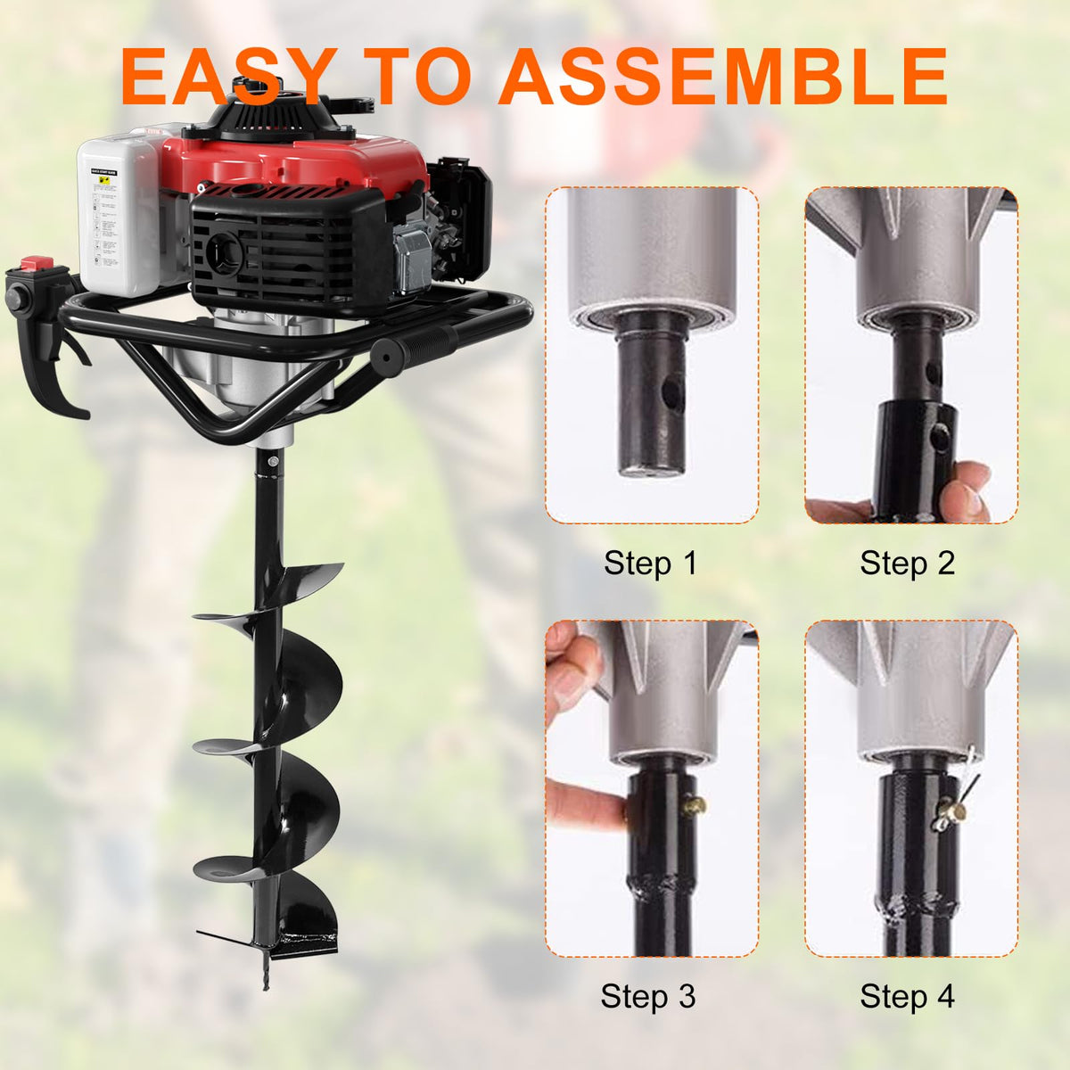 78CC Auger Post Hole Digger, 4 Stroke Gas Powered Earth Post Hole Digger with 2 Auger Drill Bits(6" & 8") + Extension Rods for Farm Garden Plant, Orange (78CC)