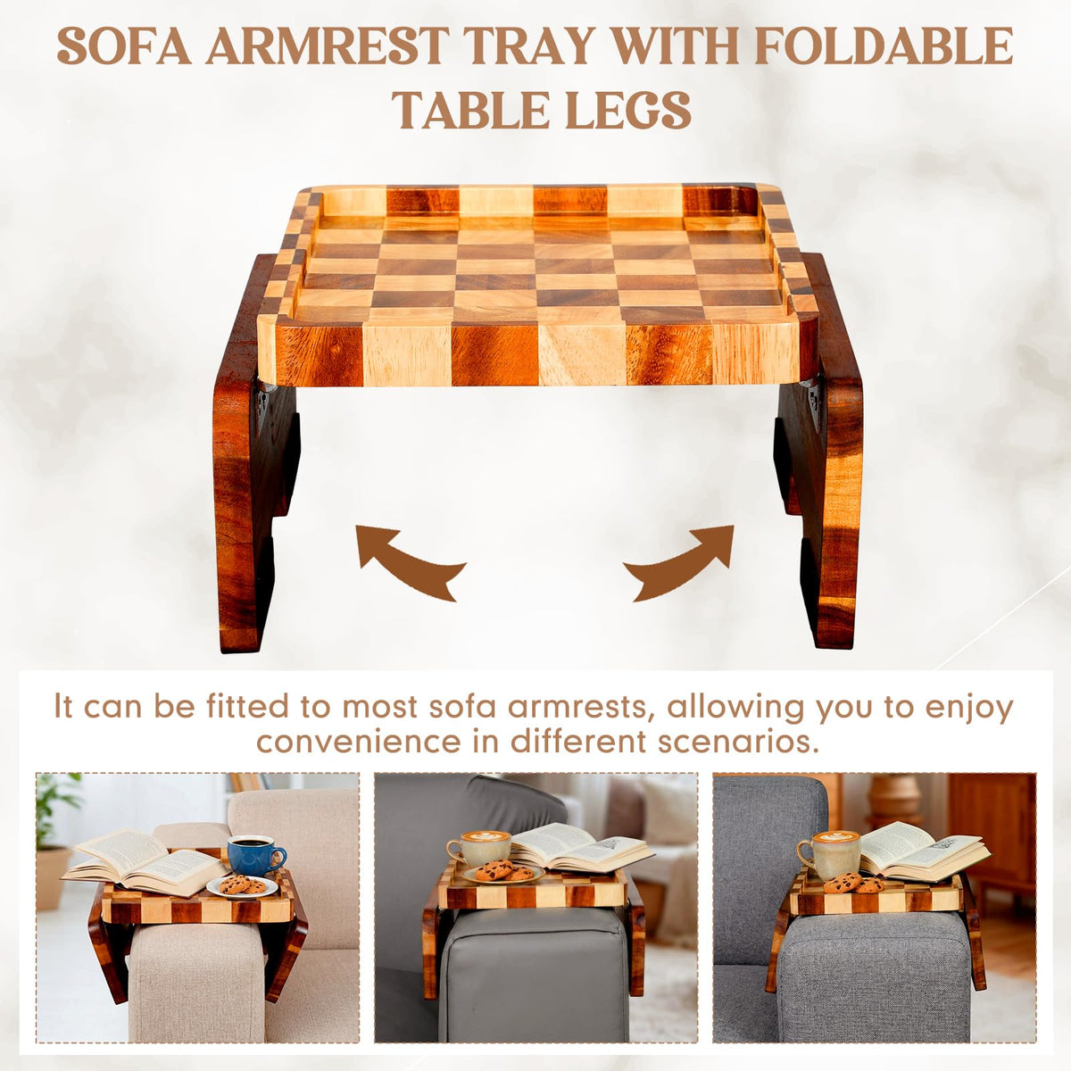 Kathfly Acacia Wood Checkered Sofa Armrest Tray, 13.75" x 9.5" Double Hinge Couch Arm Table, Clip on Sofa Arm Tray, Wooden Side Table for Food Snack Remotes Living Room Decor Mother's Day