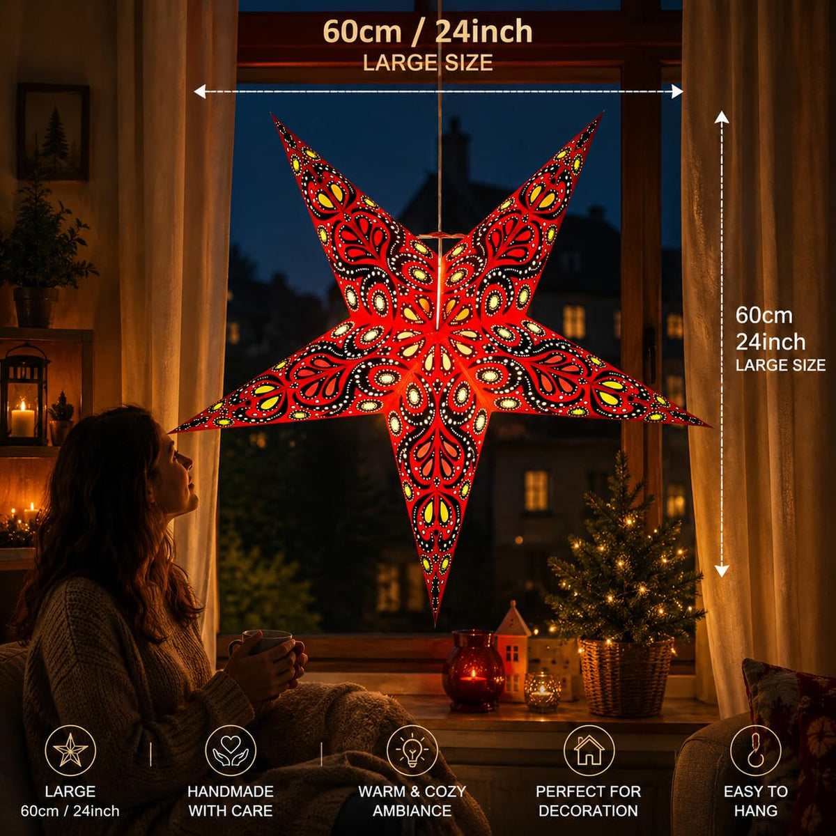 YEPSIO Lantern Lampshade Paper Star Light Shades Large 60cm Hanging Decorations for Christmas Wedding Home Decoration Birthday Party Foldable 5 Pointed Star (Red, Black, Yellow)