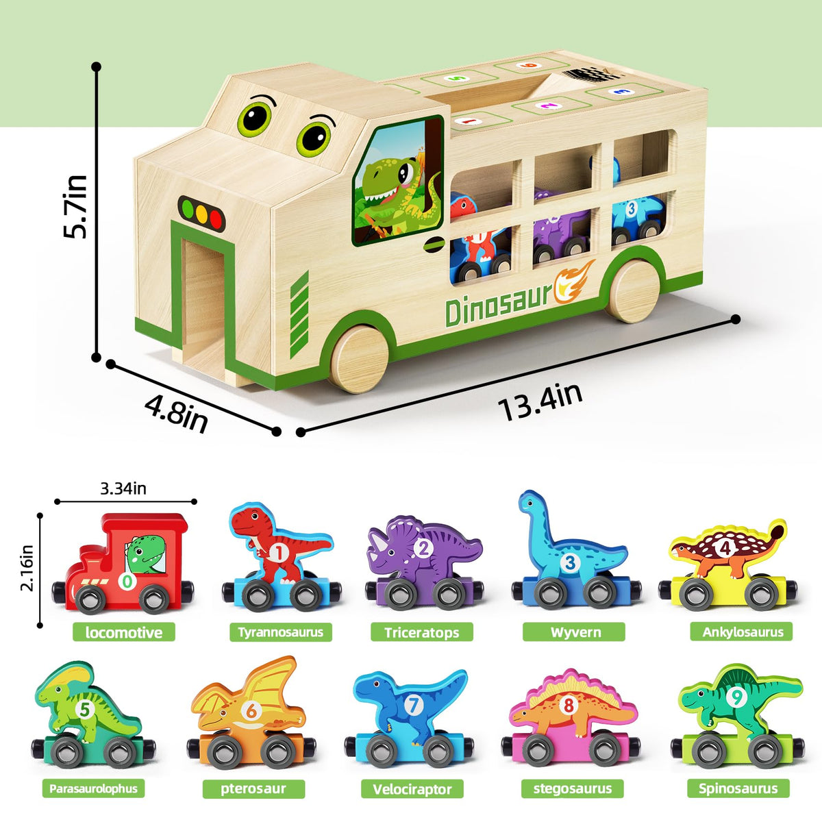 GJZZ Wooden Dinosaur Truck & 10 Magnetic Wooden Dinosaur Train Set