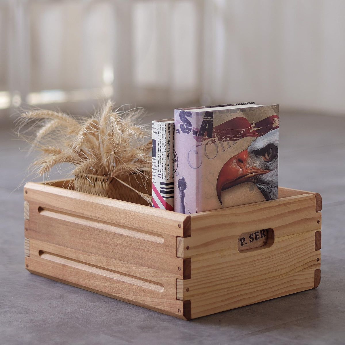 KLZLQ-XINCHEN 2 Pack Wooden Storage Bins of 16"x12"x6.25".Durable Open Solid Wood Box w/ Handles.Farmhouse Container Shelf Baskets. Multipurpose Home Décor Organizer Crates for Display,Pantry,Book,CD