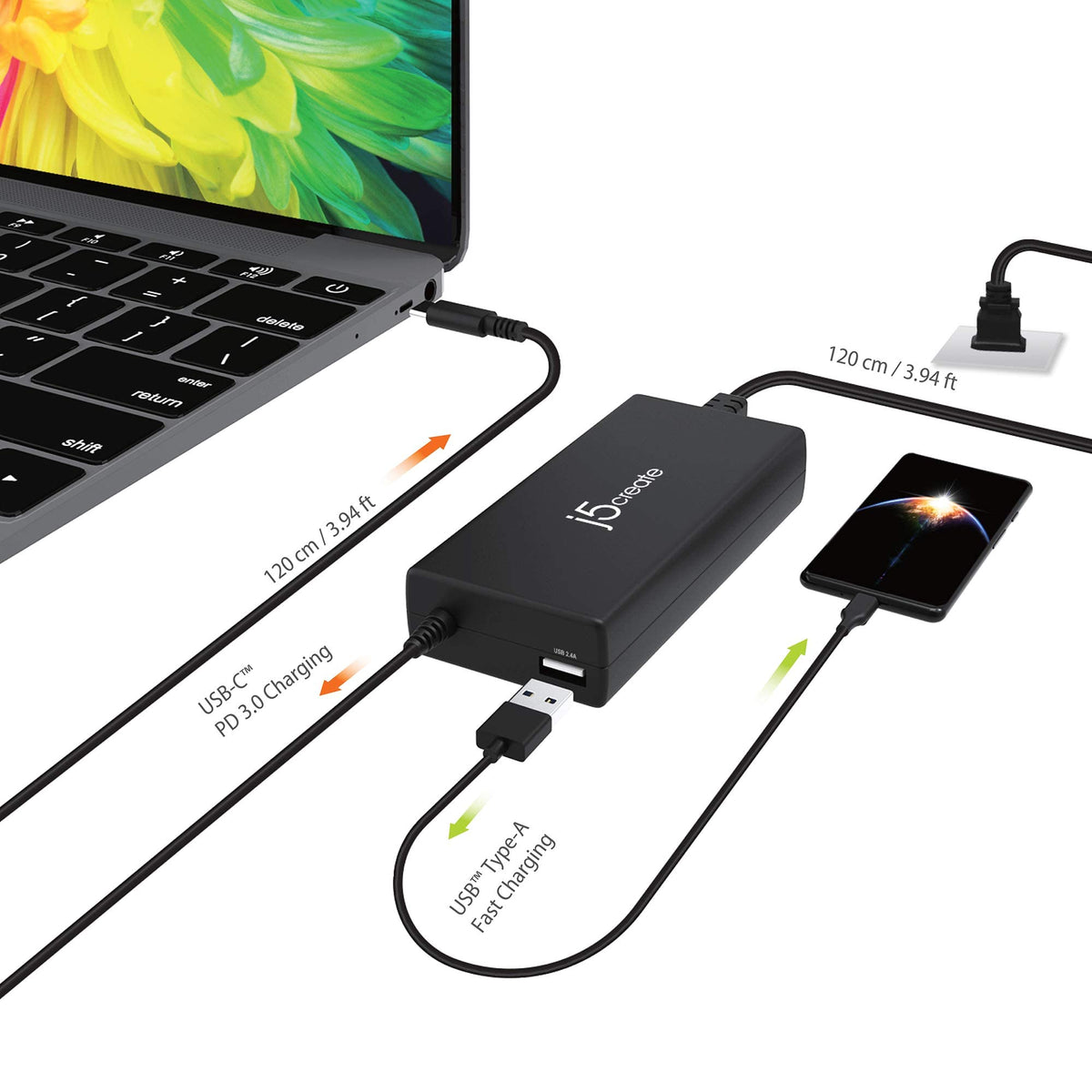j5create USB Type C PD 100W Fast Charger for MacBook Pro, Chromebook, Laptop, Notebook, Tablet, Android, and iOS Smartphones (JUP2290)
